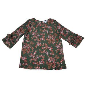 Motherhood Maternity Top Size M Green Semi Sheer Floral Print 3/4 Sleeve Blouse